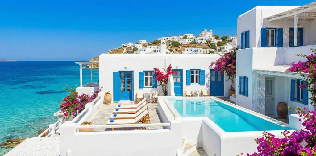 A charming boutique hotel terrace in Greece with a private swimming pool, iconic blue shutters against white walls, and pink bougainvillea flowers overlooking the deep blue Aegean Sea.