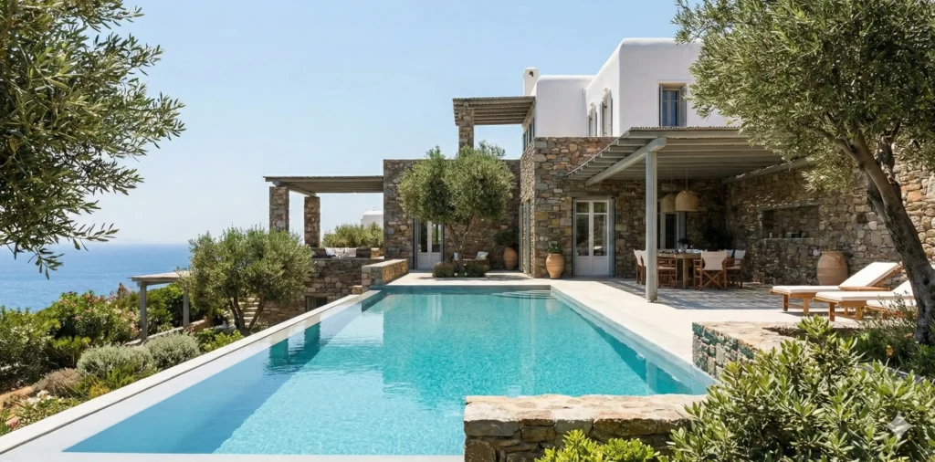 A luxurious private villa in Greece featuring traditional stone architecture, a large infinity pool, and a shaded patio surrounded by olive trees with a panoramic ocean view.